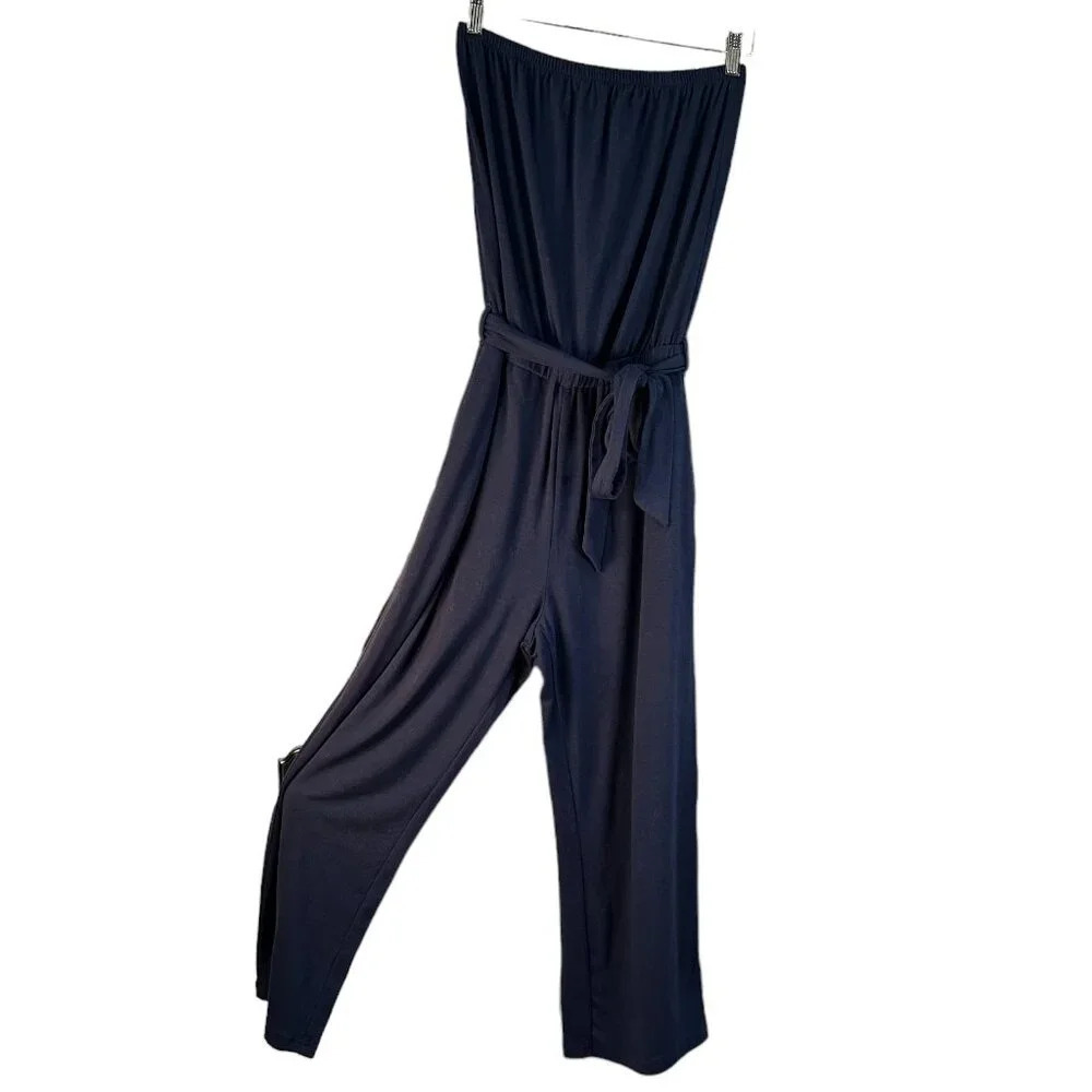 ZESICA Women's Navy Strapless Belted Wide Leg Jumpsuit - Medium